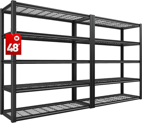 REIBII Estantería de garaje de 48 pulgadas de ancho, carga resistente, 2500 libras, estantes de almacenamiento de 5 niveles, estantes de metal