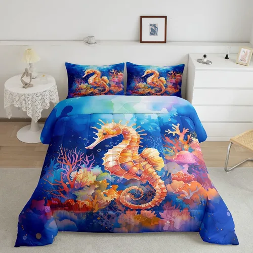 Miniatura 37 de Erosebridal Juego de edredón de ballena náutica, tamaño individual, juego de ropa de cama vintage azul con ondas oceánicas para niños y niñas