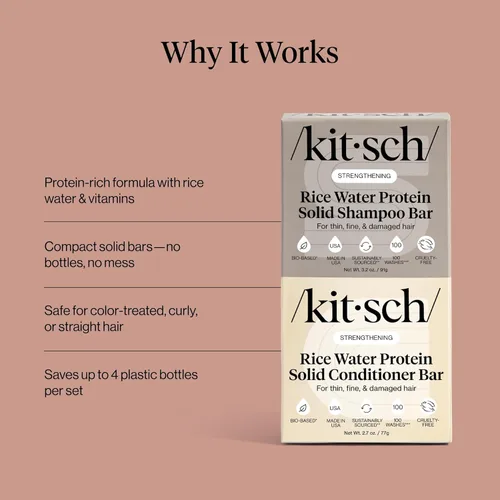 Miniatura 7 de Kitsch Set de champú y acondicionador de agua de arroz, barra sólida de champú y acondicionador con proteína para el crecimiento del cabello