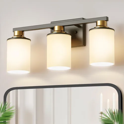 Miniatura 56 de DORESshop Lámparas de baño, 3 luces negras y doradas para baño sobre espejo con pantalla de vidrio transparente, luces de tocador para baño, Negro