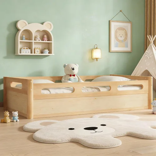 Miniatura 16 de Bellemave Cama de suelo Queen para niños, marco de cama Montessori con barandillas y puerta en forma de valla, cama Queen de madera para niños, Gris