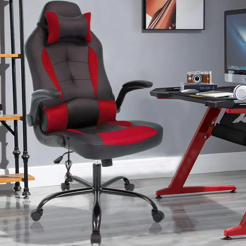 Silla de oficina ergonómica para juegos de masaje, silla de escritorio con respaldo alto, silla ejecutiva de piel sintética con soporte lumbar, Rojo