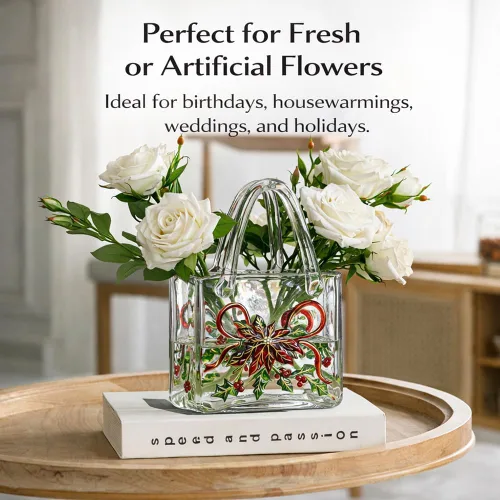 Miniatura 8 de Jarrón con textura floral pintado a mano, jarrón de cristal en forma de bolso de 9.1 pulgadas con patrones 3D, centro de mesa botánico engrosado