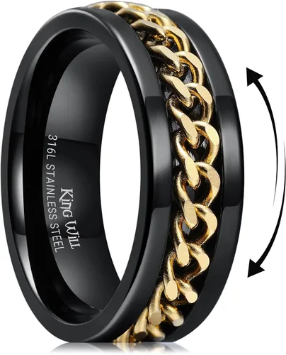 Miniatura 131 de King Will - Anillo antiestrés de acero inoxidable 316L para hombres y mujeres, con cadena decorativa giratoria, 8 mm de ancho, anillo de boda