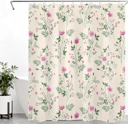 LB Cottage Core Pink Floral Shower Curtain for Bathroom, Pink Wildflower with Green Leaves on Beige Fabric Shower Curtain with Hooks,Spring Summer