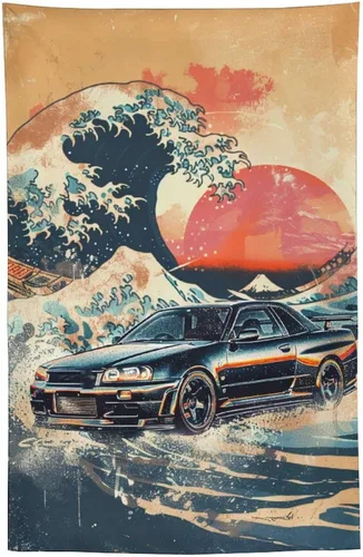 Miniatura 35 de QEOPGNE Tapiz grande para colgar en la pared, diseño de puente de puerta dorada, grandes olas, japonés, retro, Jdm, auto, R34, tapiz para 2