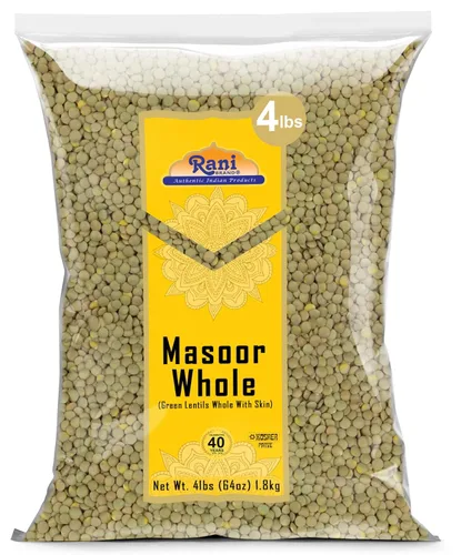 Rani Masoor Enteras (Lentejas verdes enteras con piel) 64 onzas (4 libras) 4.0 lbs a granel ~ Todo natural | Vegano | Apto para gluten | Sin OMG |