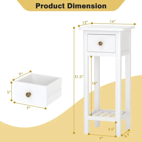 Miniatura 3 de Harmony-Furniture - Mesa auxiliar estrecha, mesita de noche alta con cajón y estante, mesita de noche pequeña con dispositivo antivuelco, sin