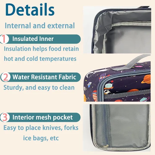 Miniatura 5 de Kulle - Lonchera de astronauta para niños, bolsa de almuerzo con tema espacial aislada, lonchera térmica reutilizable para niños, para la escuela