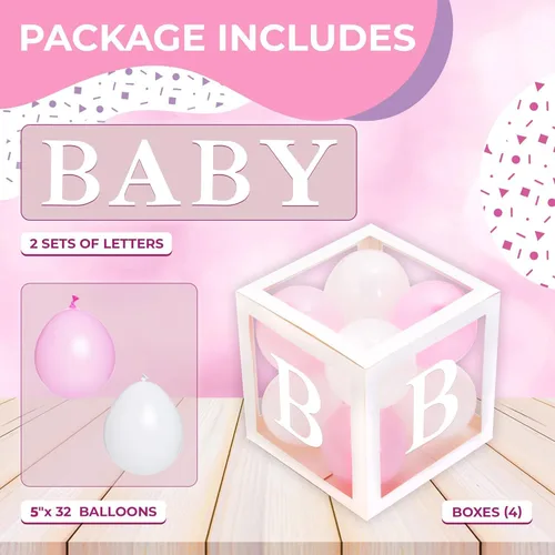 Miniatura 3 de Cajas para Baby Shower con Letras – Cajas Blancas con Globos Rosas y Blancos – Set de 44 Piezas para Revelación de Género y Decoración de Fiesta