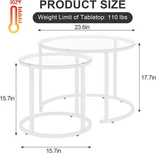 Miniatura 2 de aboxoo Juego de 2 mesas de cristal anidables blancas, pequeñas mesas redondas de vidrio para sala de estar, dormitorio, mesa de té decorativa