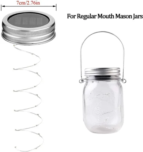 Miniatura 3 de Luces solares para tarro de masón, paquete de 6 tiras de 10 luces LED con tapa de tarro con 6 ganchos (sin tarros), luz de luciérnaga impermeable