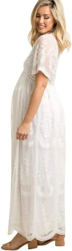 Miniatura 4 de Vestido largo de maternidad casual con cuello en V de manga corta floral con encaje acampanado y bohemio para la noche cóctel fiesta sesión de fotos