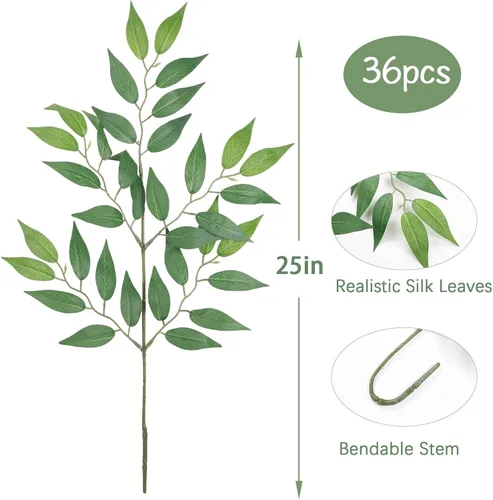 Miniatura 2 de mizii 36 tallos de vegetación artificial de Ruscus italiano, hojas verdes de seda de 20 pulgadas, tallos de plantas falsas en aerosol, guirnalda