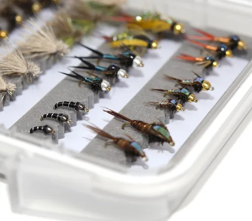 Kit de 50 moscas de pesca con mosca de trucha | Caja de pesca con mosca impermeable | Moscas secas, moscas ninfas, serpentina, moscas de piedra,