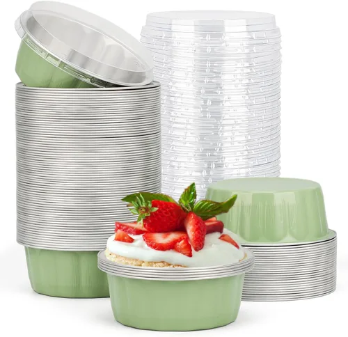 Miniatura 28 de Beasea Ramequines con tapas, 8oz 50 unidades de tazas de aluminio desechables para hornear, tazas de papel de aluminio plateado para creme brulee