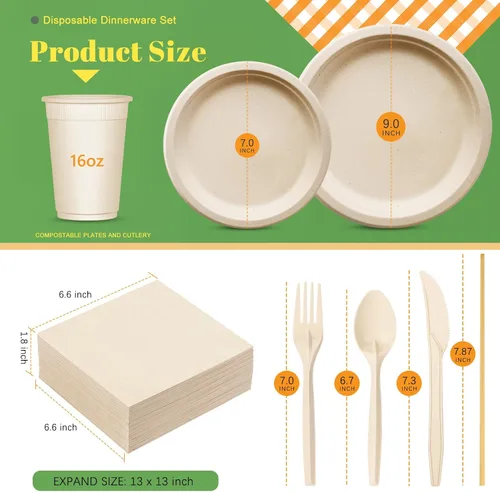 Miniatura 2 de Gezond Juego de platos de papel compostables, 250 unidades, platos desechables de caña de azúcar, utensilios ecológicos, cubiertos, servilletas