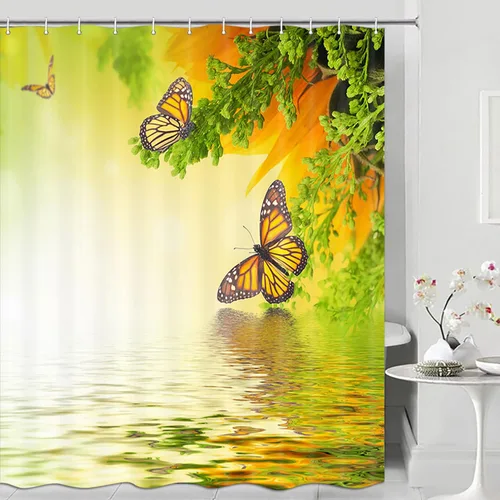 Miniatura 2 de Cortina de ducha de mariposa amarilla, plantas naturales de primavera, floral y fantasía, lago de hadas zen, 72 x 72 pulgadas, juego de decoración