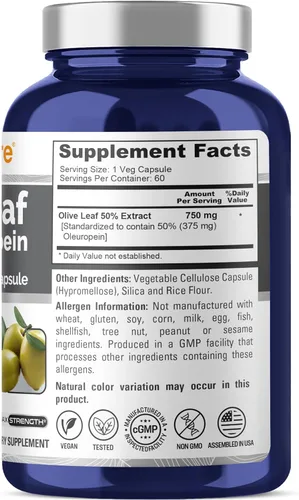 Miniatura 2 de Extracto de hoja de olivo 750 mg 50% oleuropeína (sin OMG y sin gluten), vegano, sin aceite, 60 cápsulas