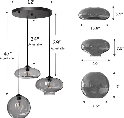 Miniatura 3 de Moderna Lámpara Colgante de 3 Luces de Vidrio en Tono Gris Ahumado con Globo de Cristal Clúster Lámpara de Techo de Estilo Nórdico con Múltiples