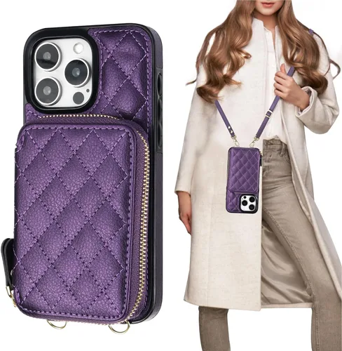 Miniatura 13 de Bocasal Funda tipo cartera cruzada para iPhone 15 Pro Max, con bloqueo RFID, de piel sintética, con cremallera, funda tipo cartera con función atril