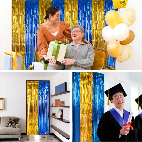 Miniatura 7 de LOLStar Paquete de 2 decoraciones de fiesta de graduación azul y dorado 2025, cortinas de flecos de aluminio de 3.3 x 6.6 pies, telón de fondo