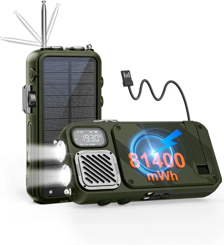 Miniatura 9 de Radio de emergencia y banco de energía solar de 22000 mAh, radio meteorológica FM NOAA, radio portátil con manivela Bluetooth, cargador de teléfono