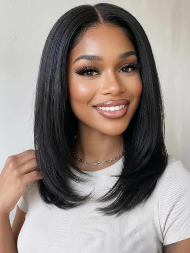 Miniatura 38 de KLAIYI Peluca de cabello humano con encaje frontal precortada 7x5, corte Bob en capas, corte romo, cordón sin pegamento, peluca predepilada