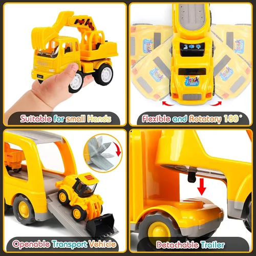 Miniatura 4 de Veslier Juguetes de camión de construcción 9 en 1 para edades de 3, 4, 5, 6 años, vehículos con sonidos y luces en camión transportador, juguetes