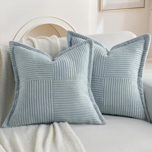 Miniatura 20 de HAUSSY Paquete de 2 fundas de almohada de 22 x 22 pulgadas, fundas decorativas de pana suave, estilo bohemio a rayas sólidas, fundas de cojín
