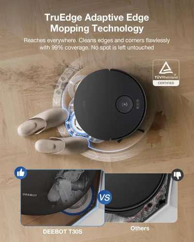 Miniatura 5 de ECOVACS DEEBOT T30S Combo Completo Aspiradora Robot y Trapeadora, 11000Pa, Tecnología ZeroTangle, Trapeado de Bordes Adaptativo TruEdge, Lavado