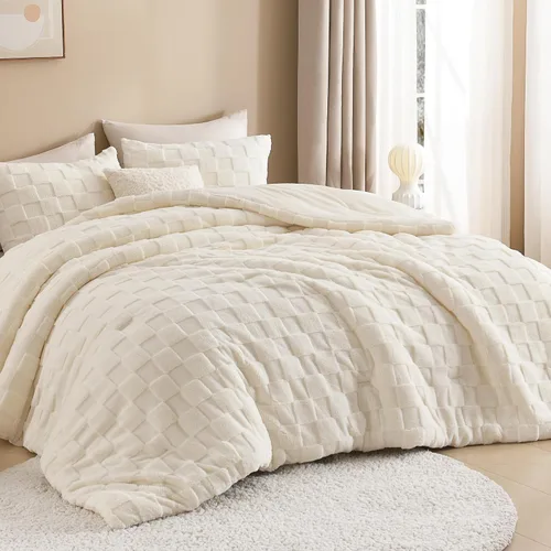 Litanika - Juego de edredón esponjoso tamaño individual color beige, 3 piezas, ropa de cama de sherpa de felpa cálida para invierno, juego de cama