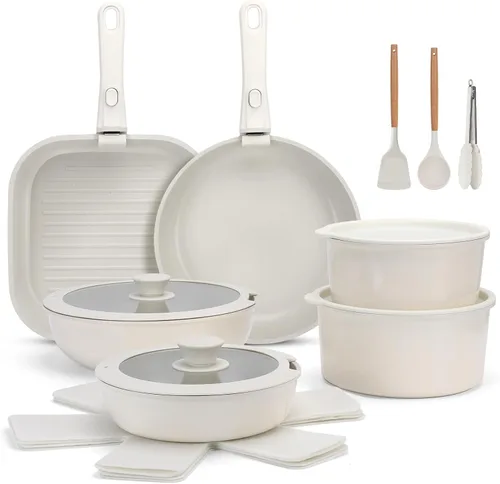 Juego de 20 ollas y sartenes de cerámica antiadherentes, juego de utensilios de cocina con asas desmontables, apto para horno, listo para inducción,