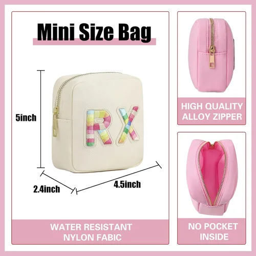 Miniatura 2 de uekeboag Bolsa Cosmética Personalizada Pequeña de Nylon, Linda Bolsa de Medicamentos con Parche de Letras de Chenilla y Cremallera, Bolsa de Viaje