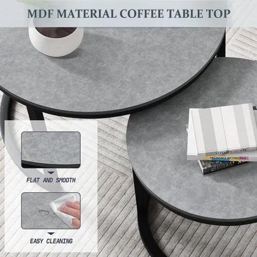 Miniatura 5 de Juego de 2 mesas auxiliares redondas para sala de estar, mesa central elegante con mesa de grano de madera, mesas auxiliares pequeñas