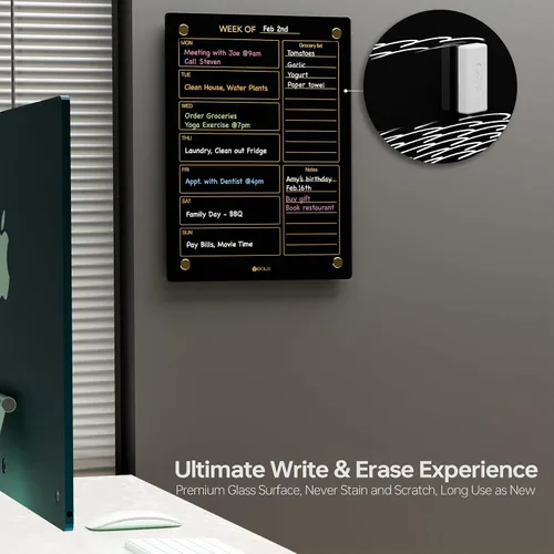 Miniatura 4 de Calendario semanal de borrado en seco dorado de cristal negro y pizarra blanca de menú para pared, planificación de comidas y lista de compras