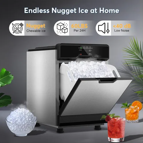 Miniatura 4 de Máquina de Hielo Nugget para Encimera con Opciones de Doble Entrada de Agua, Máquina de Hielo Columnar de 60 Libras/24H con Autolimpieza, Máquina