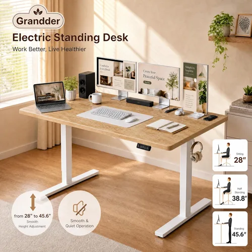 Miniatura 4 de Grandder 55x32 Escritorio Eléctrico Grande de Pie, Escritorio de Computadora con Altura Ajustable con 2 Ajustes de Memoria, Escritorio de Pie