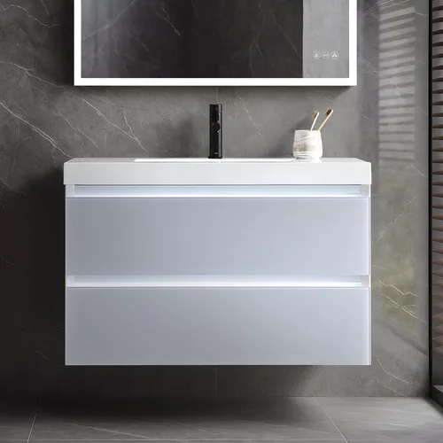 Miniatura 18 de Blossom Tocador de baño LED de 24 pulgadas – Tocador flotante montado en la pared con luces – 100% impermeable PVC de grado marino – Moderno