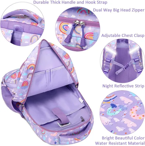 Miniatura 101 de Juego de mochila para niñas y adolescentes, mochila escolar para niños con bolsa para el almuerzo, estuche para lápices, mochilas escolares
