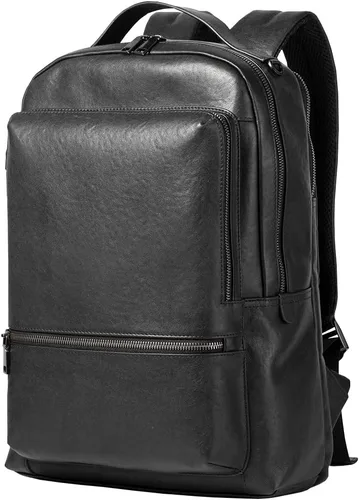 Miniatura 8 de Mochila para portátil de cuero genuino de 15.6 pulgadas para hombres y mujeres, mochila de viaje de negocios, mochila de senderismo (1#negro)