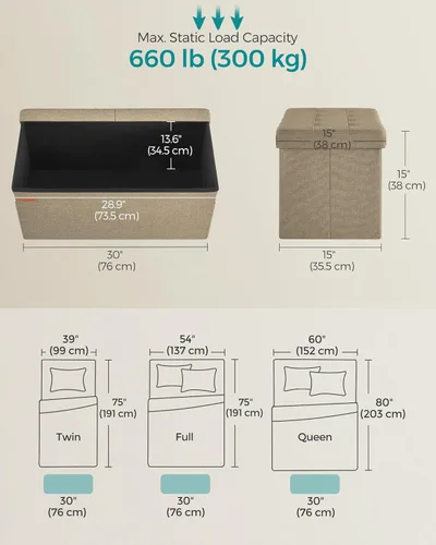 Miniatura 3 de SONGMICS Colección Mazie - Otomana de almacenamiento de 30 pulgadas, banco de almacenamiento plegable con tapa abatible, capacidad de carga de 660