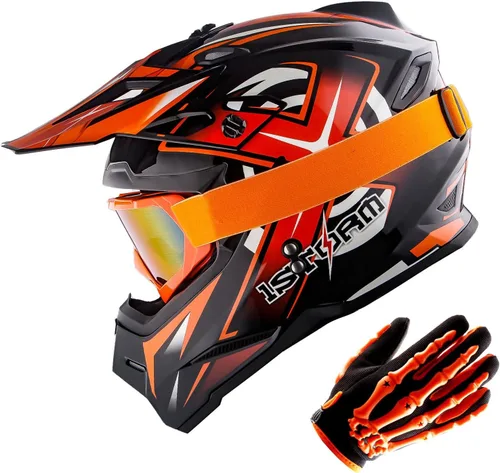Miniatura 19 de 1Storm Casco de Motocross para Jóvenes Niños BMX MX Casco de Bicicleta Adolescente Estilo de Carreras; Azul de Carreras + Gafas + Paquete de Guantes