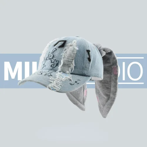 Miniatura 2 de Y2k - Gorros de mezclilla con orejas de conejo, trajes de Kpop para mujer, gorra de béisbol de hip-hop, gorras grunge para niñas