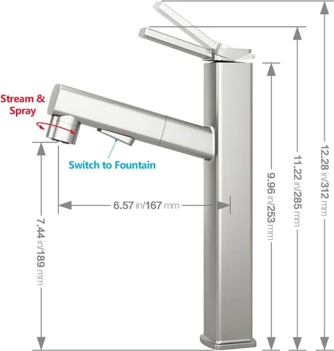 Miniatura 5 de MIAOHUI Grifo de Lavabo de Vasija con Rociador Extraíble, Grifo Alto de Lavabo de Baño de 3 Modos de Rociado, Grifos Altos de Baño para Lavabo de 1