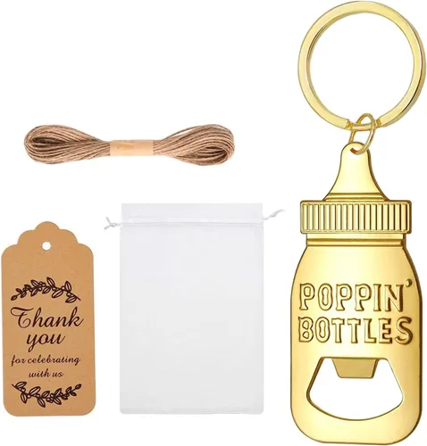 20 llaveros abrebotellas, bolsas de organza y etiquetas de papel kraft de agradecimiento para regalos de baby shower, recuerdos de boda, regalos de