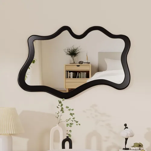 Miniatura 18 de Espejo de pared irregular de 30 x 14 pulgadas, espejo de pared con marco negro de madera asimétrico ondulado para sala de estar, dormitorio