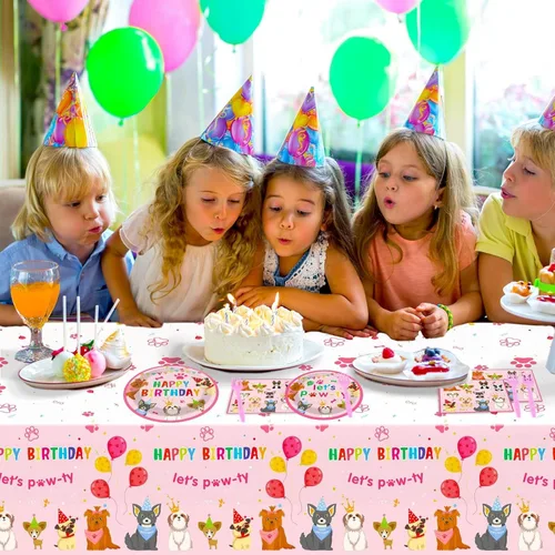 Miniatura 7 de Juego de 98 piezas de decoración de fiesta de cumpleaños de perro, juego de vajilla para cachorros, platos, servilletas, mantel con temática