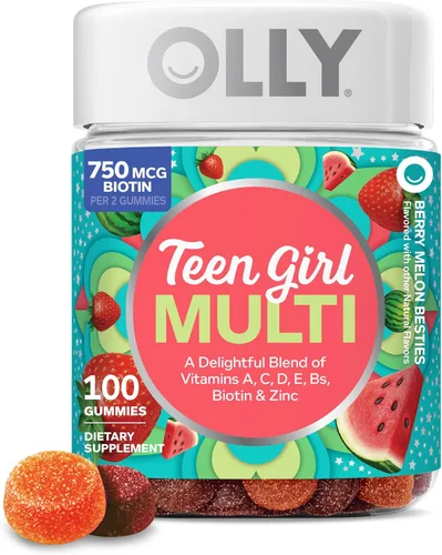 OLLY Teen Girl Multi Gummy, piel saludable y apoyo inmunológico*, vitaminas esenciales, biotina, zinc, multivitamínico masticable, sabor a melón de