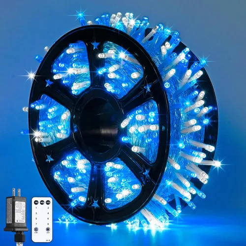 Miniatura 22 de JMEXSUSS 150 luces LED azules de Navidad para interiores y exteriores, luces de cadena conectables de 59 pies con enchufe, 8 modos de luces de hadas